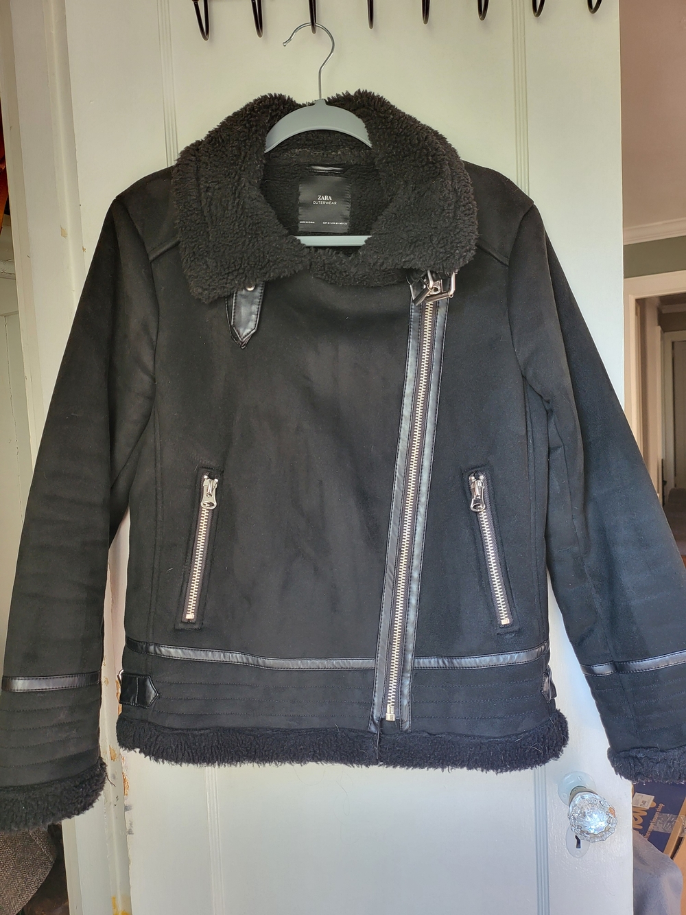 Zara Black Faux Shearling Biker Jacket
